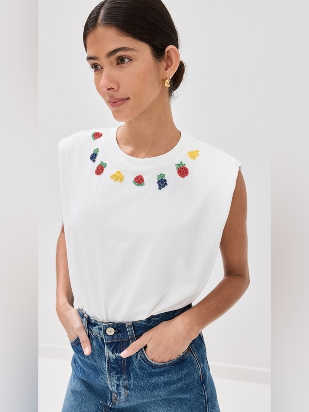 FARM Rio Beaded Fruits White Sleeveless T-Shirt Size S
